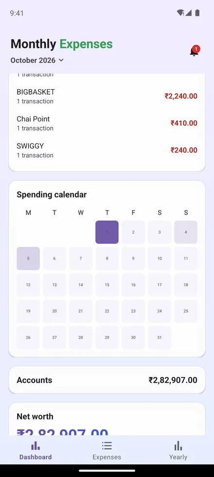Dashboard cards for top merchants, a spending calendar and accounts