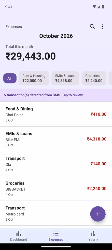 Expenses list with a banner saying 5 transactions were detected from SMS