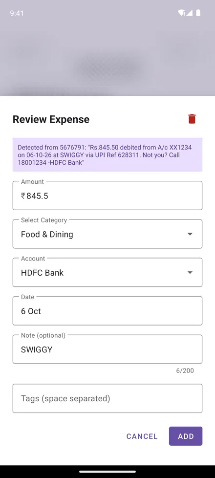 Review screen for a ₹845.50 Swiggy payment detected from an SMS